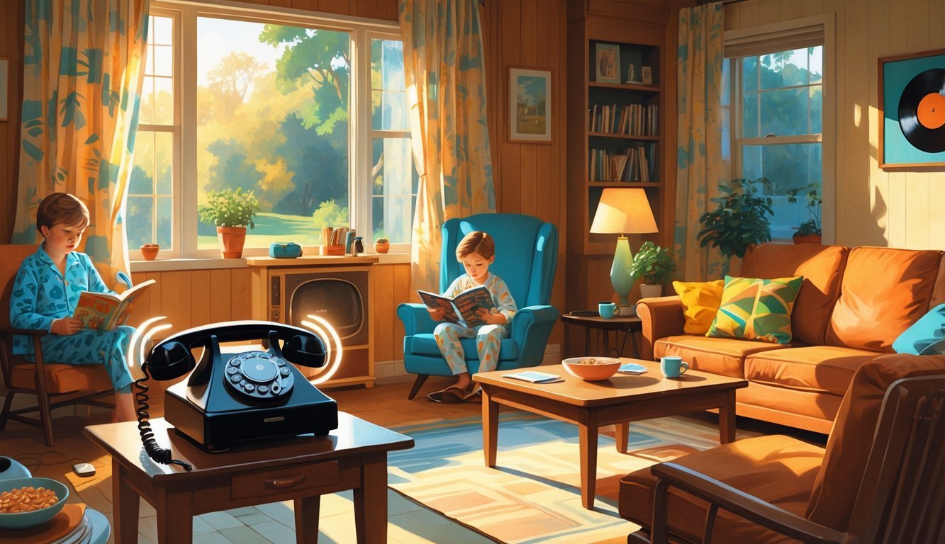 A cozy 1970s living room with a buzzing rotary phone on a side table, a child in pajamas reading a comic, a bowl of cereal on a coffee table, and morning sunlight coming through a window.