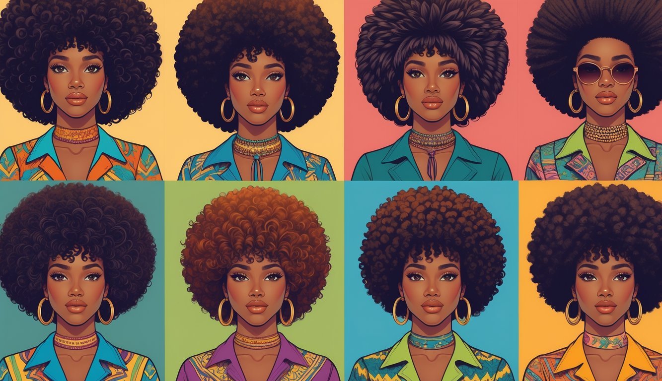 Eight individuals with different 1970s Afro hairstyles arranged in two rows, each showing a unique hair texture and style.
