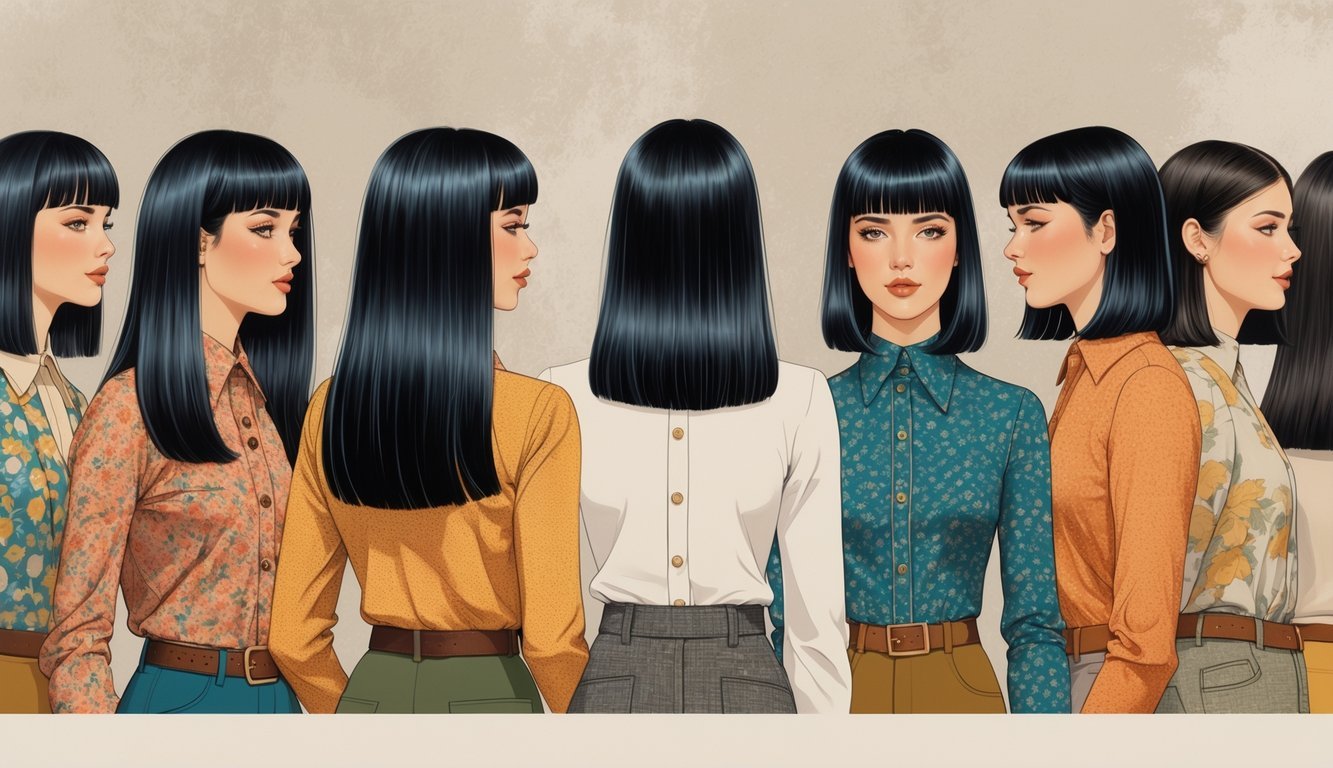 A group of people with center-parted straight hair styled in various lengths, standing together and wearing 1970s-inspired clothing.