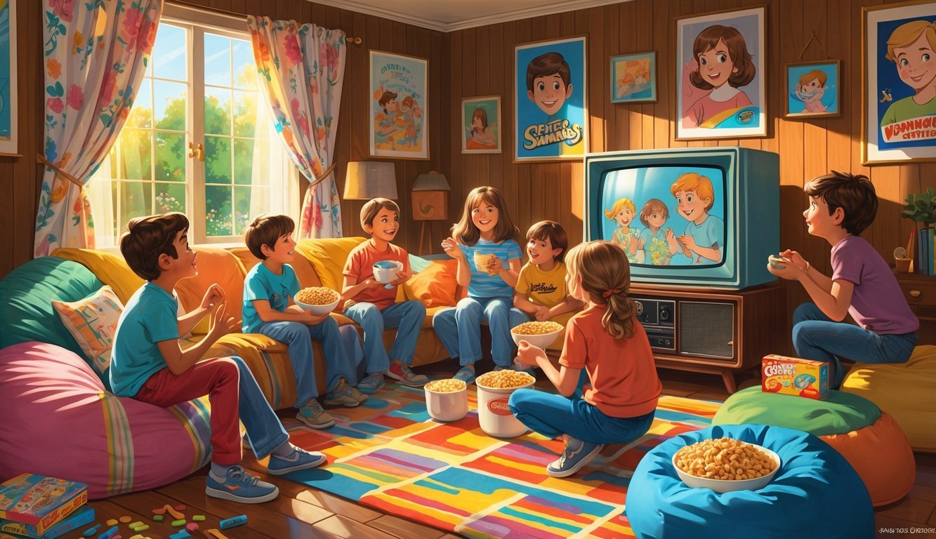 Children sitting in a cozy living room watching cartoons on a vintage television, surrounded by 1970s decor and toys.