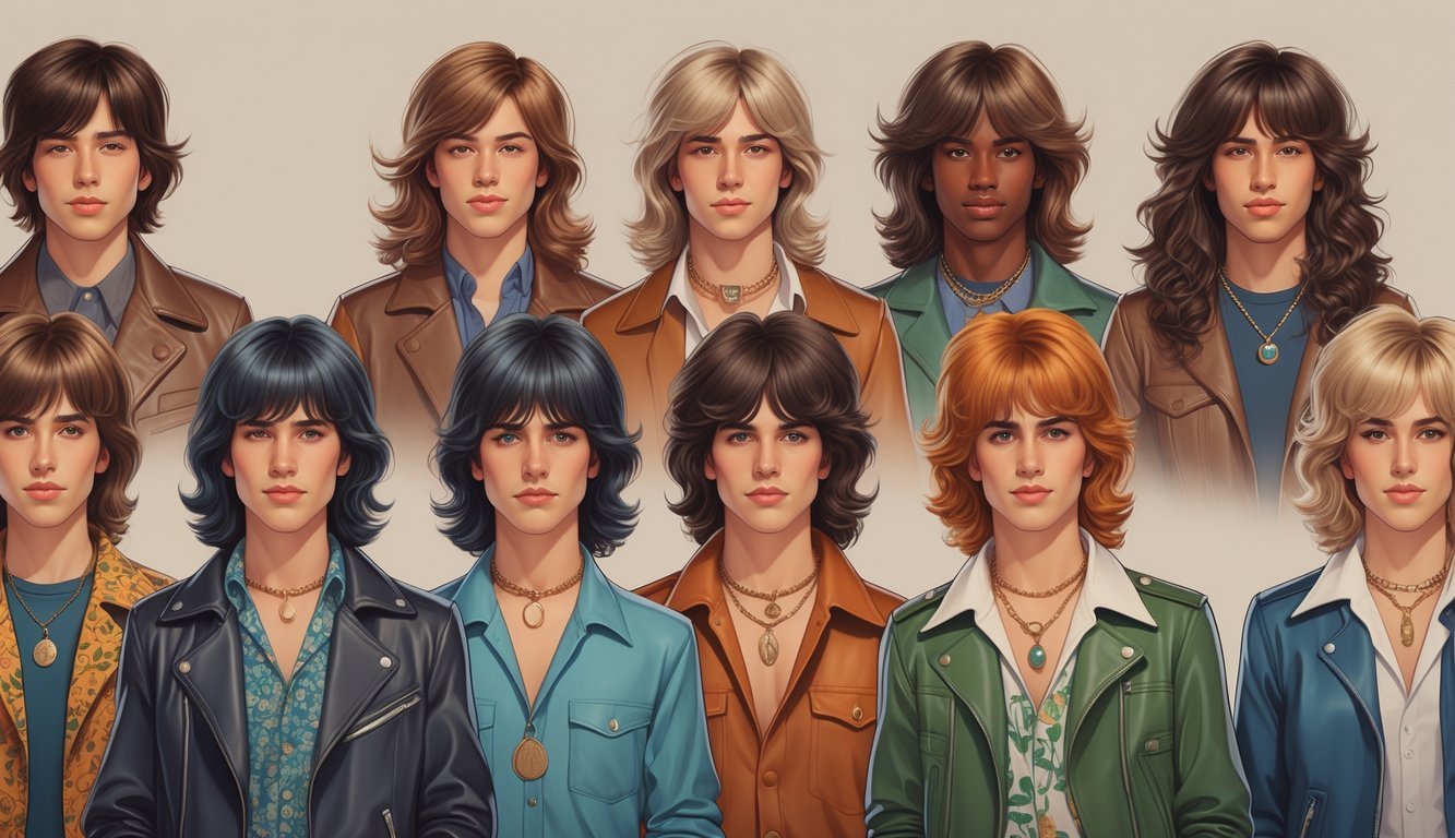 Eight people displaying different 1970s mullet hairstyles, arranged in two rows against a neutral background.