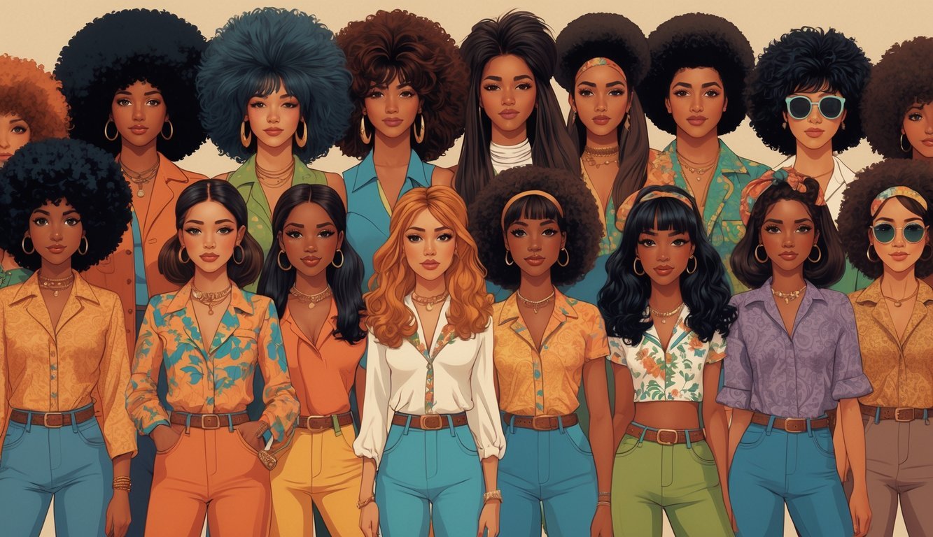 A group of people with different 1970s hairstyles standing together, wearing colorful clothing and accessories.