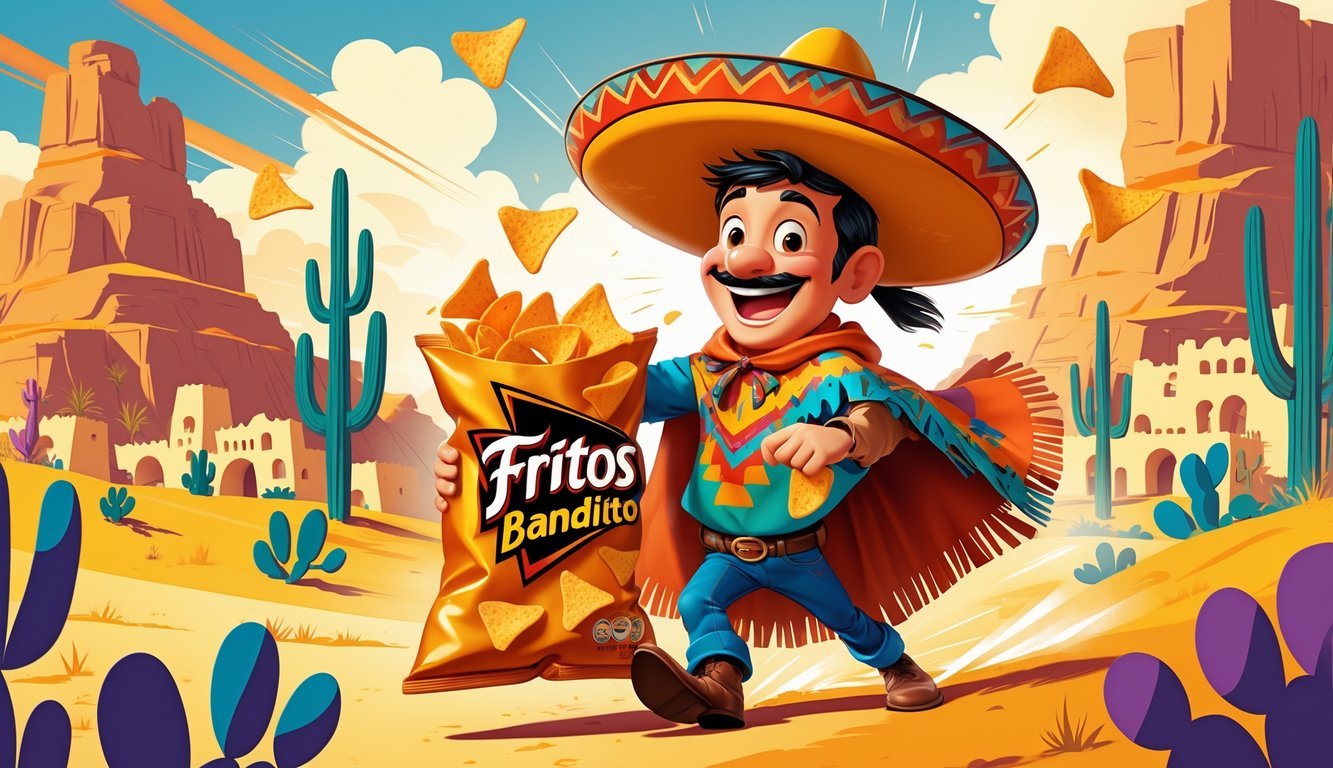 A cheerful cartoon bandit wearing a sombrero and poncho holding a bag of corn chips in a desert setting with cacti and adobe buildings.