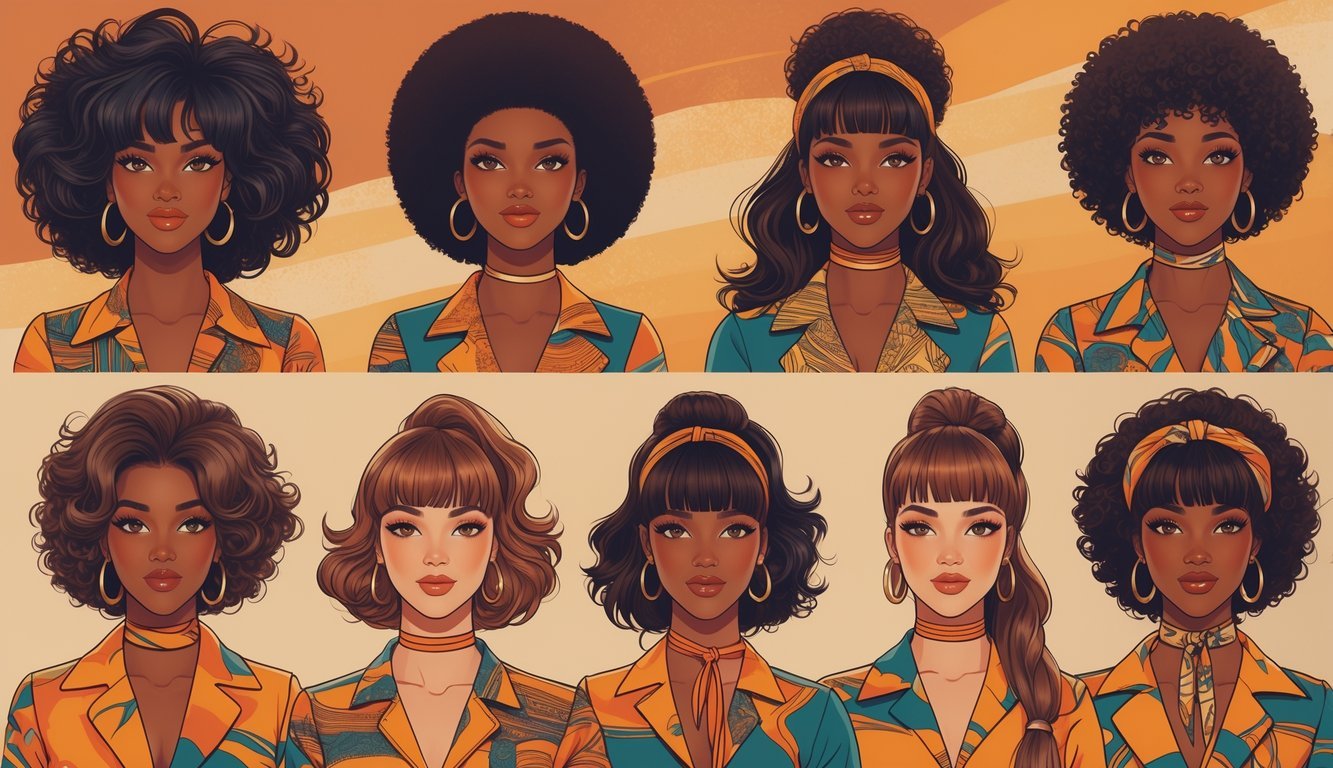Illustration of eight people each with a different 1970s hairstyle, wearing colorful vintage clothing, posed together against a warm gradient background.