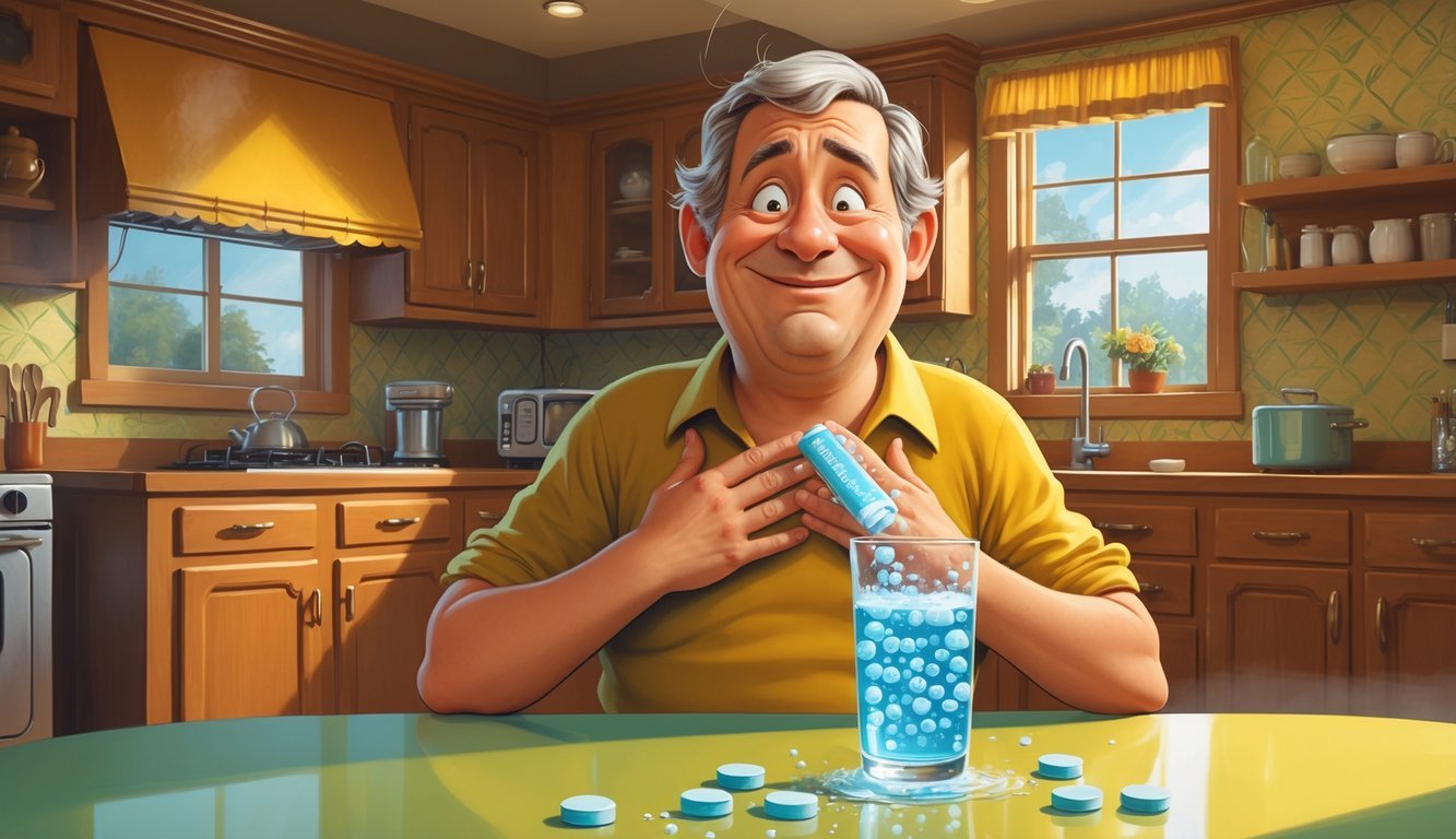A man in a 1970s kitchen holding his stomach with a pained expression, while a glass of water with fizzing tablets sits on the table.