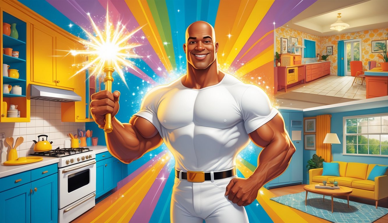 A bald man in white clothes holding a glowing cleaning wand, surrounded by 1970s style household rooms including a kitchen, bathroom, and living room.