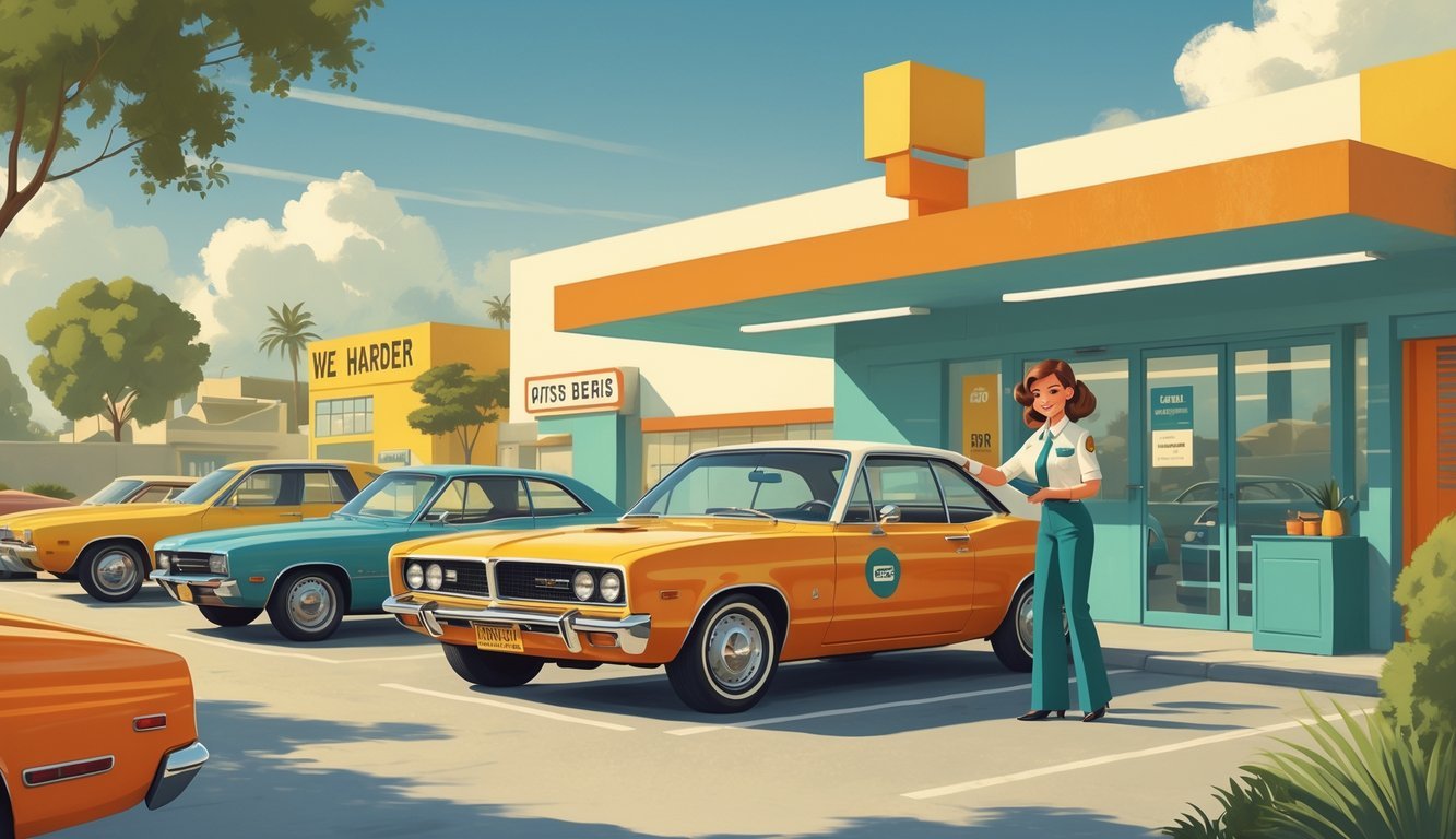 A 1970s car rental lot with a rental agent helping a customer near vintage cars under a sunny sky.