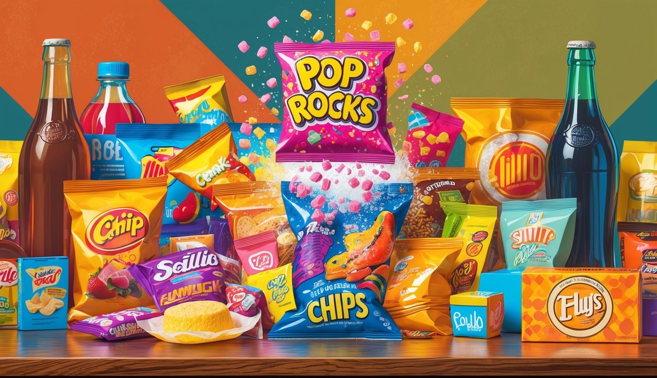 A colorful assortment of 1970s snacks and drinks including Pop Rocks candy, vintage soda bottles, and various packaged treats arranged on a wooden table with a warm, retro background.