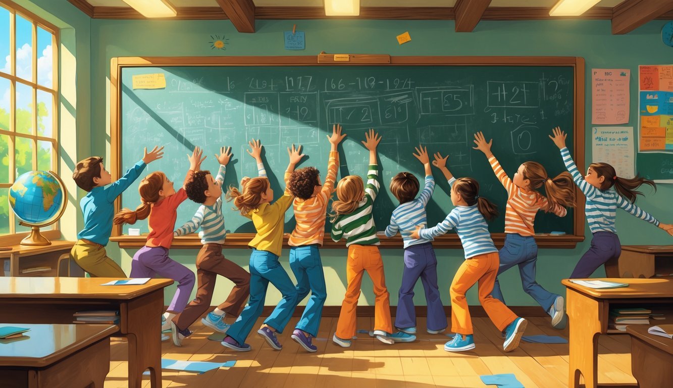 Children in a 1970s classroom eagerly competing to use a chalkboard while others watch and interact.