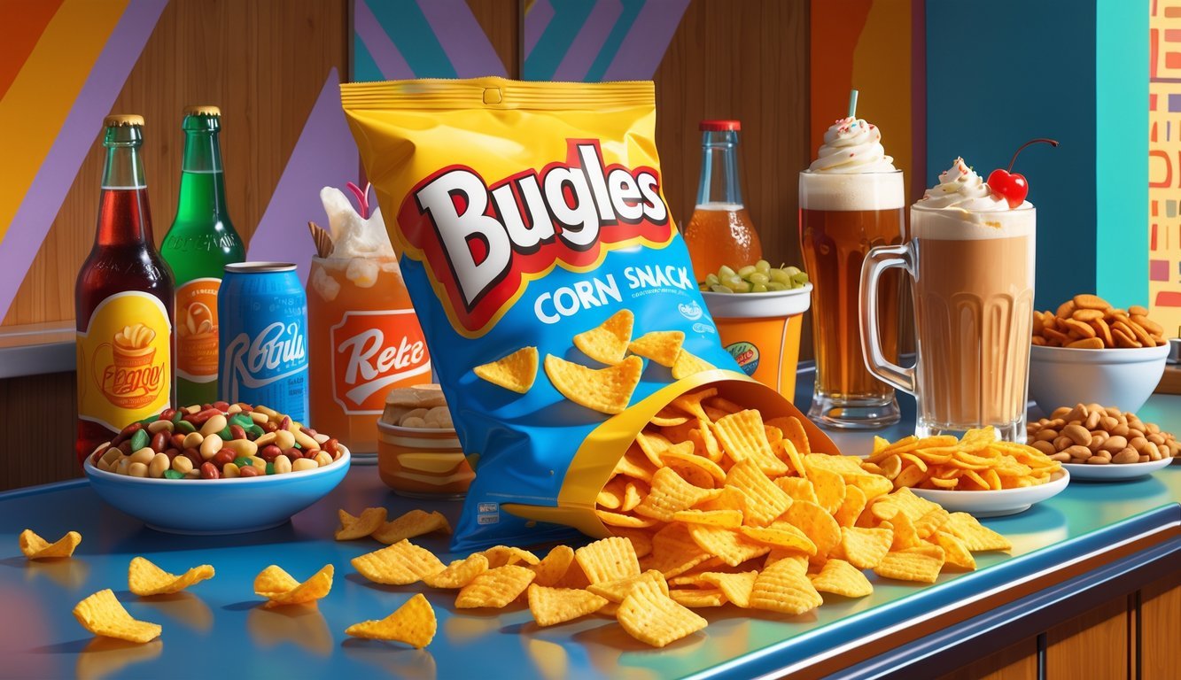 A display of 1970s snacks and drinks including Bugles corn snacks, vintage soda bottles, and a root beer float on a retro diner counter.