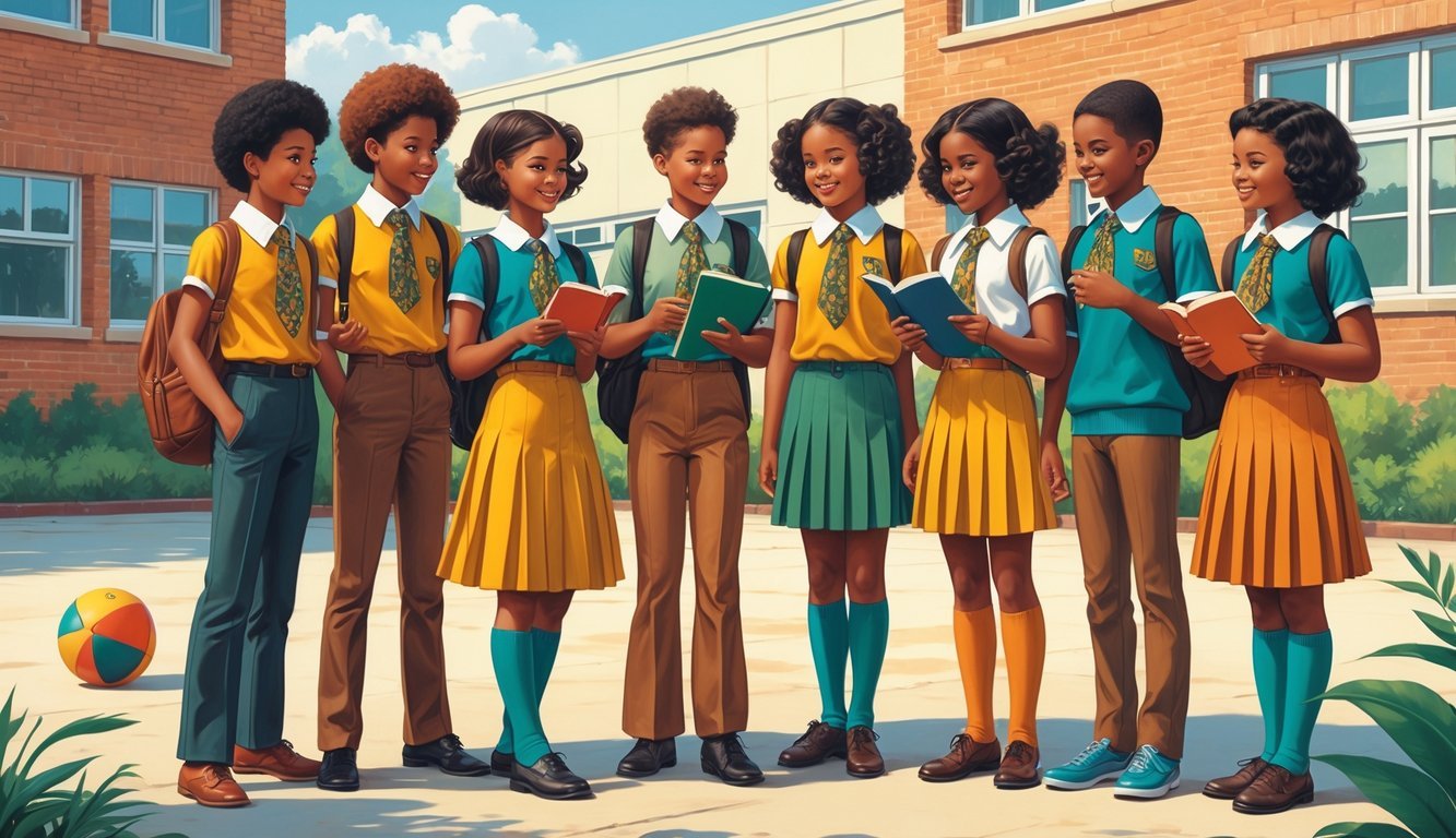 Nine children wearing colorful 1970s school uniforms standing together outside a school building, smiling and interacting.