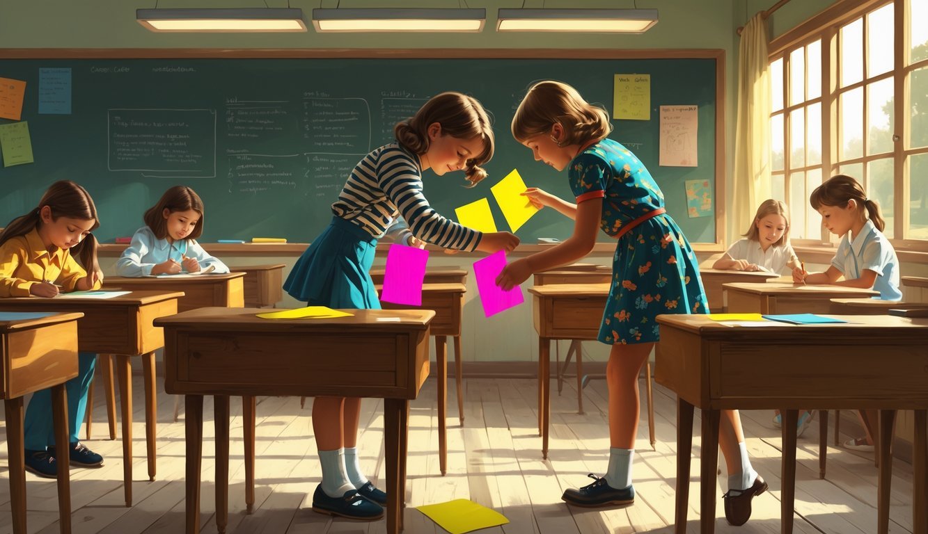 Two children passing brightly colored notes under desks in a 1970s classroom filled with wooden desks and students.