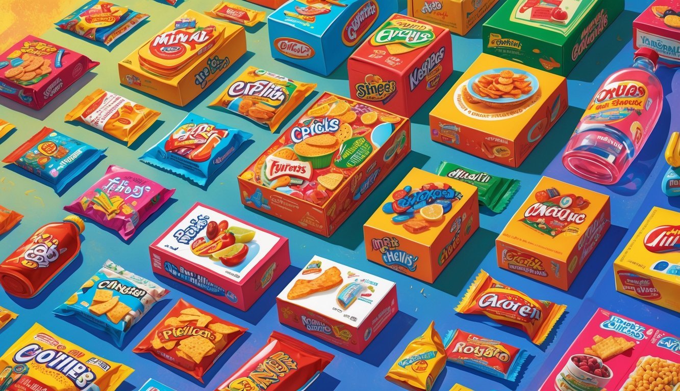 A colorful collection of nostalgic 1970s snack and drink products arranged like vintage trading cards with playful, exaggerated packaging designs.