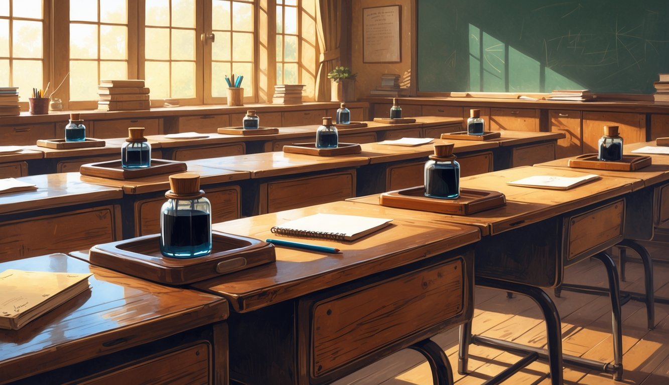 A 1970s classroom with wooden desks featuring built-in inkwells and vintage school supplies arranged on and around them.