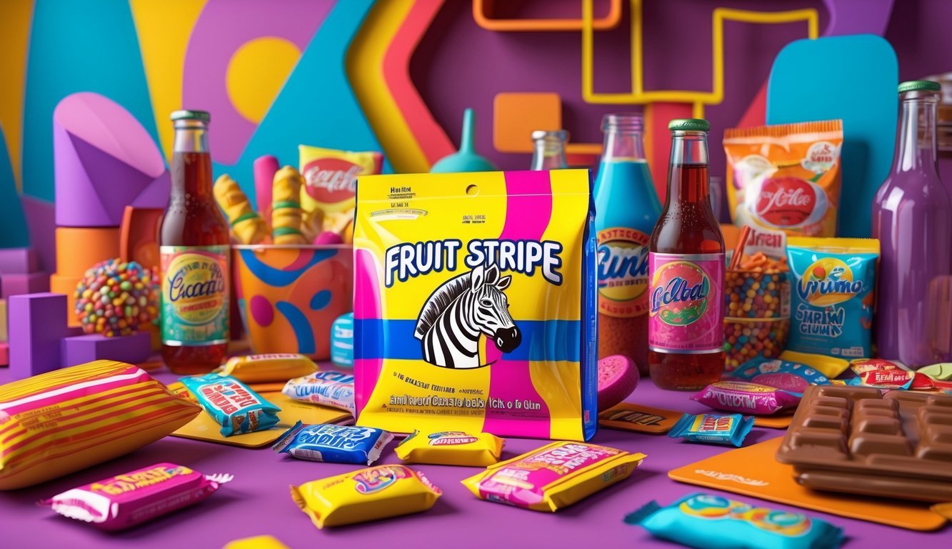 A colorful 1970s scene featuring a pack of Fruit Stripe Gum surrounded by various classic snacks and drinks from that era.