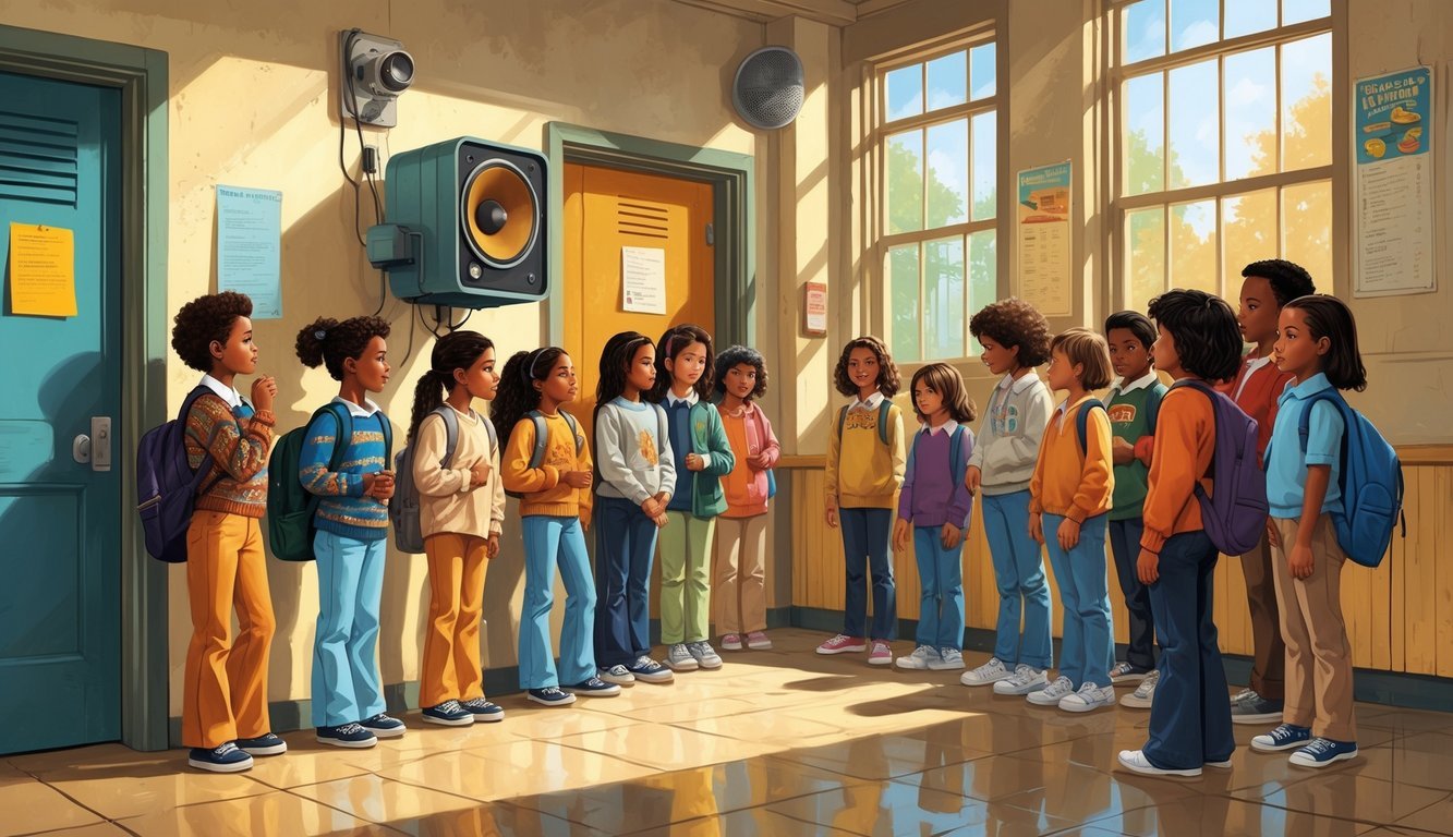 Children standing in a school hallway listening to announcements from a vintage PA system speaker mounted on the wall.