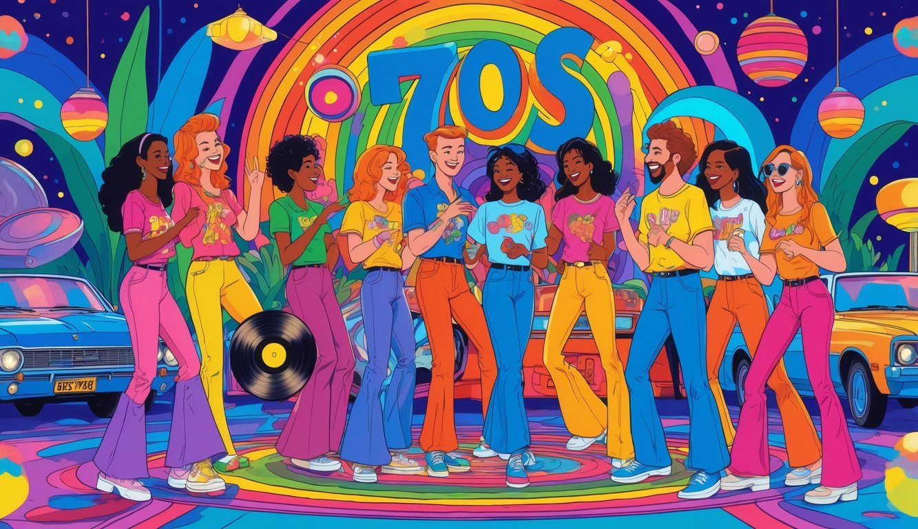 A lively street scene with people dressed in 1970s clothing enjoying a retro urban environment with vintage cars and colorful decorations.