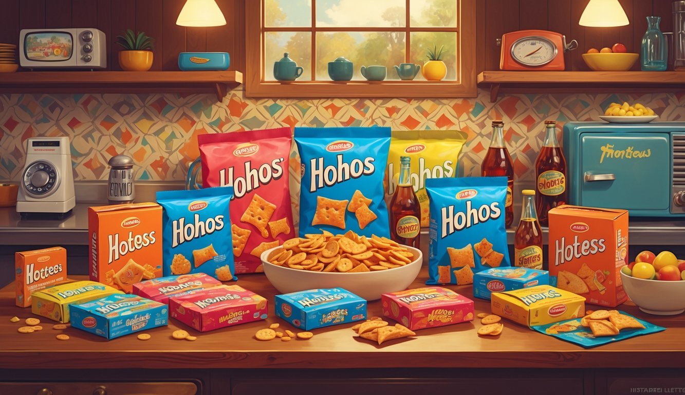 A nostalgic 1970s kitchen scene with Hostess HoHos and other vintage snacks and drinks arranged on a wooden table.