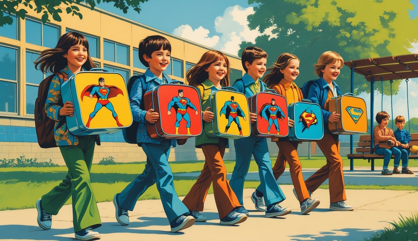 Children from the 1970s carrying metal lunchboxes with superhero designs at a school playground.