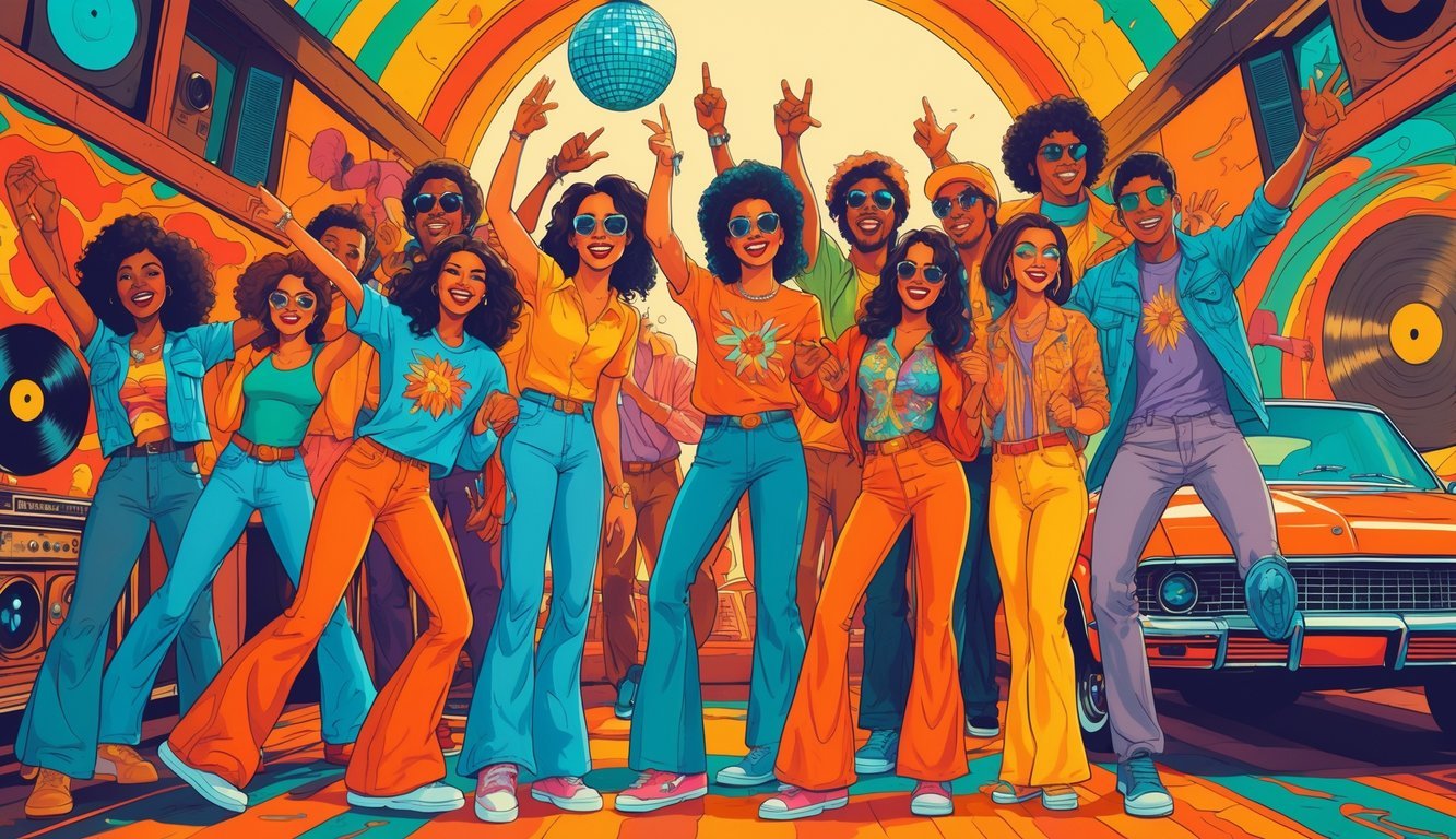 A group of young people dressed in 1970s clothing enjoying themselves in a lively retro urban setting with vintage decorations.