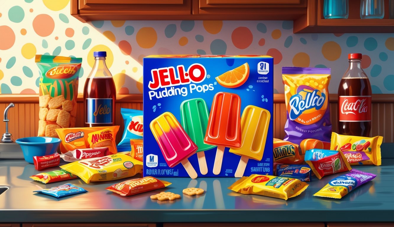 A colorful box of Jello Pudding Pops surrounded by various 1970s snacks and drinks on a retro kitchen countertop.