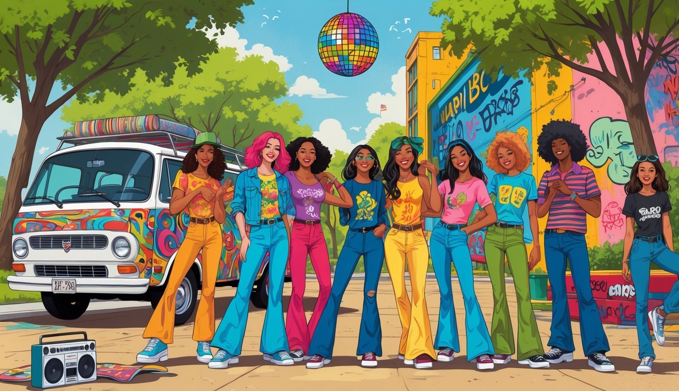 A group of young people in 1970s clothing enjoying a sunny park with a vintage van, disco ball, and boombox nearby.
