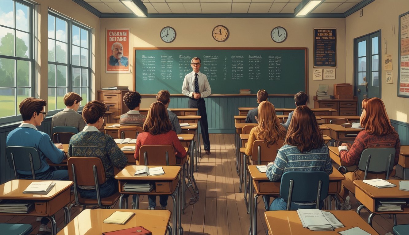 Students sitting quietly at desks in a 1970s classroom during Saturday detention, taking quizzes while a teacher stands near the chalkboard.