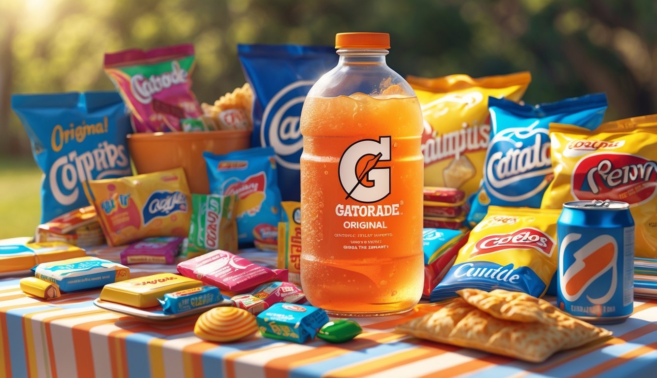 A picnic table outdoors with a vintage bottle of original Gatorade surrounded by various 1970s snacks including candy bars, potato chips, and soda cans.