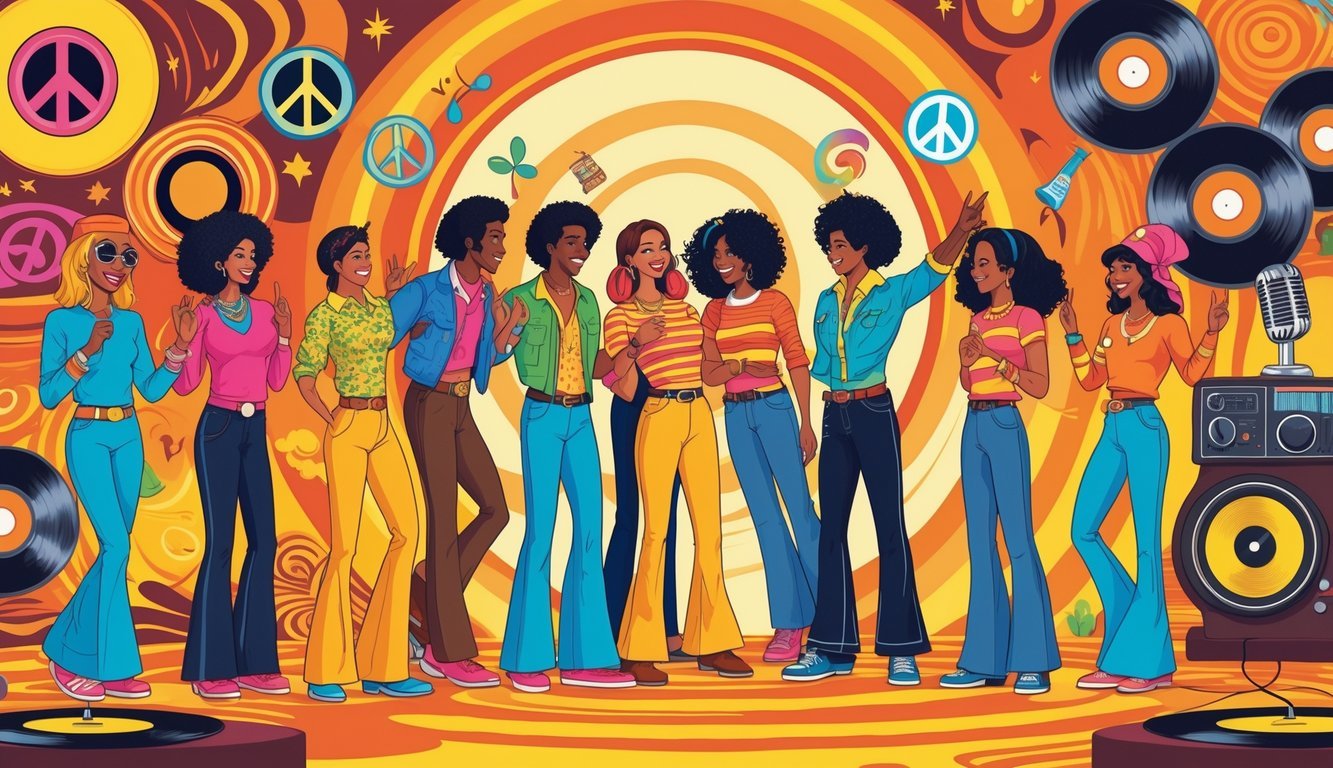 A group of people dressed in colorful 1970s clothing talking and having fun in a lively, retro setting with disco balls and vintage decorations.
