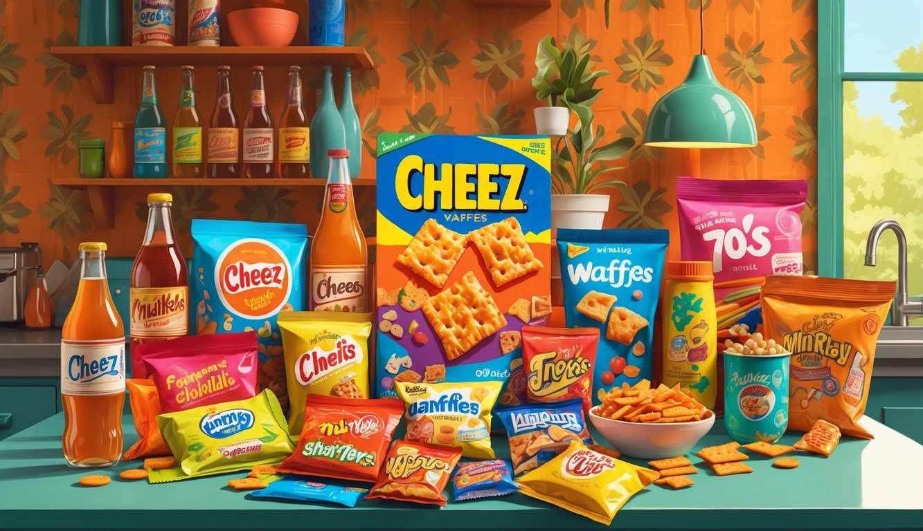 A table filled with various 1970s snacks and drinks including a box of Cheez Waffies, vintage soda bottles, and candy wrappers set against a patterned 70s style background.