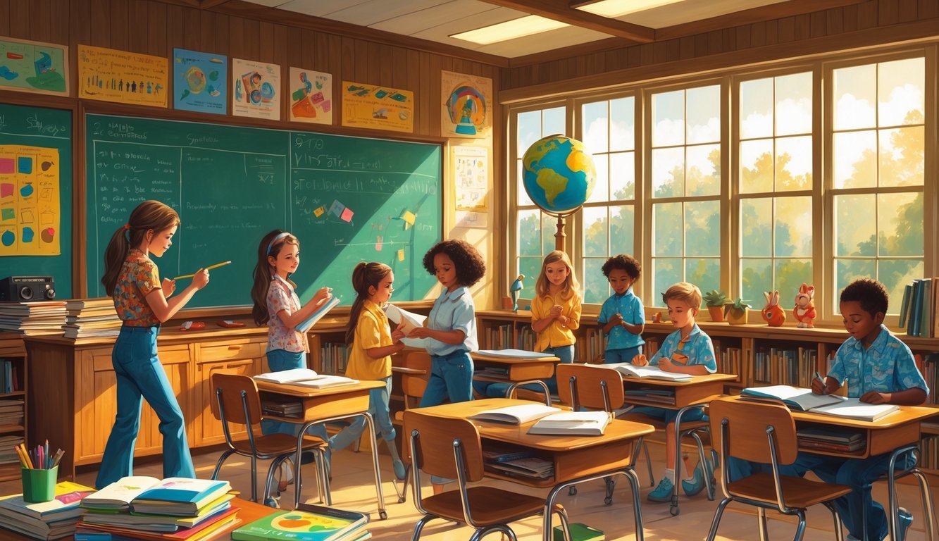 Children in a 1970s classroom wearing period clothing, engaged in school activities with vintage classroom items and sunlight streaming through the windows.