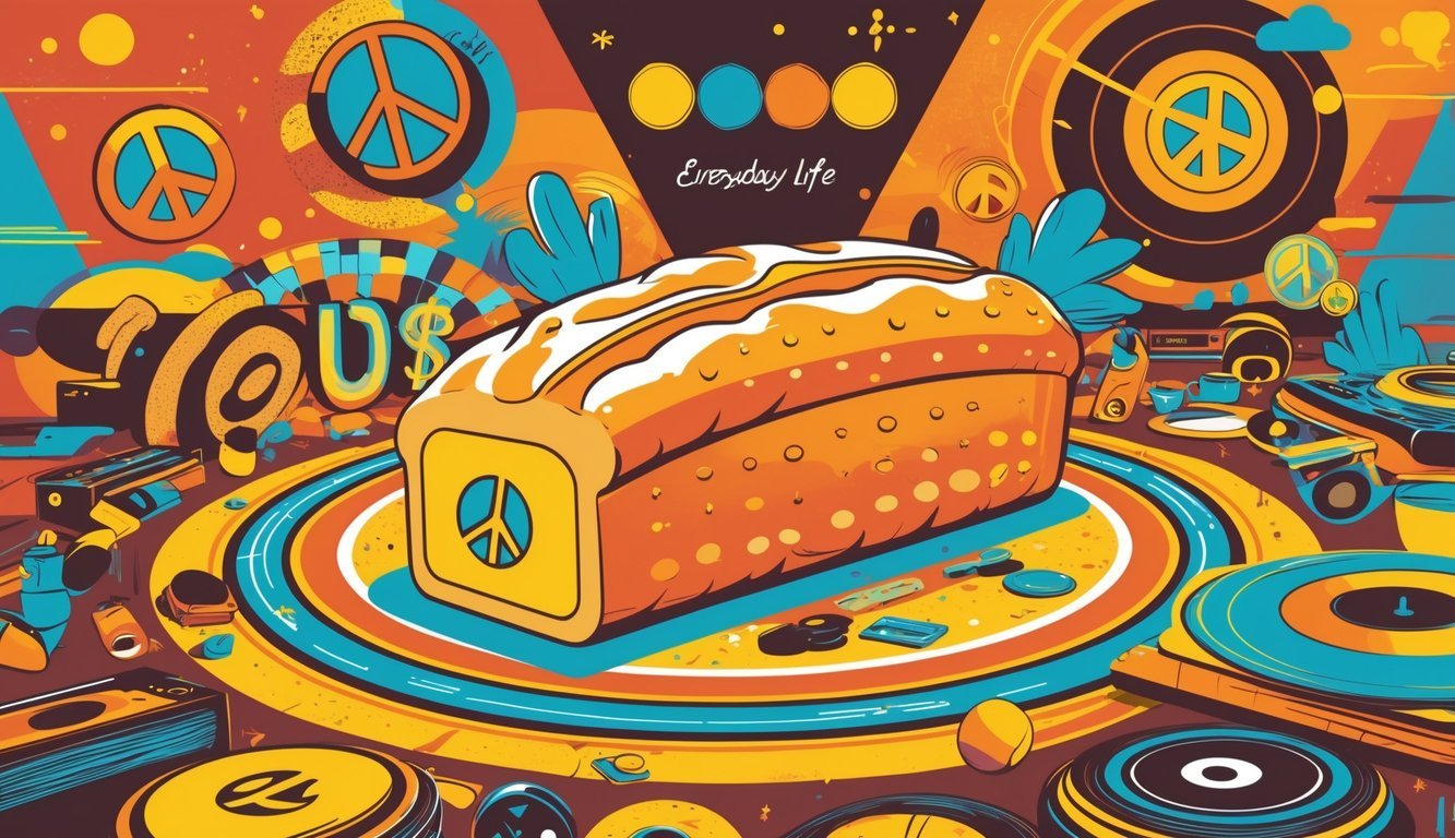 Illustration showing a large loaf of bread symbolizing money surrounded by 1970s-themed elements like peace signs, disco balls, funky sunglasses, and vintage clothing items.