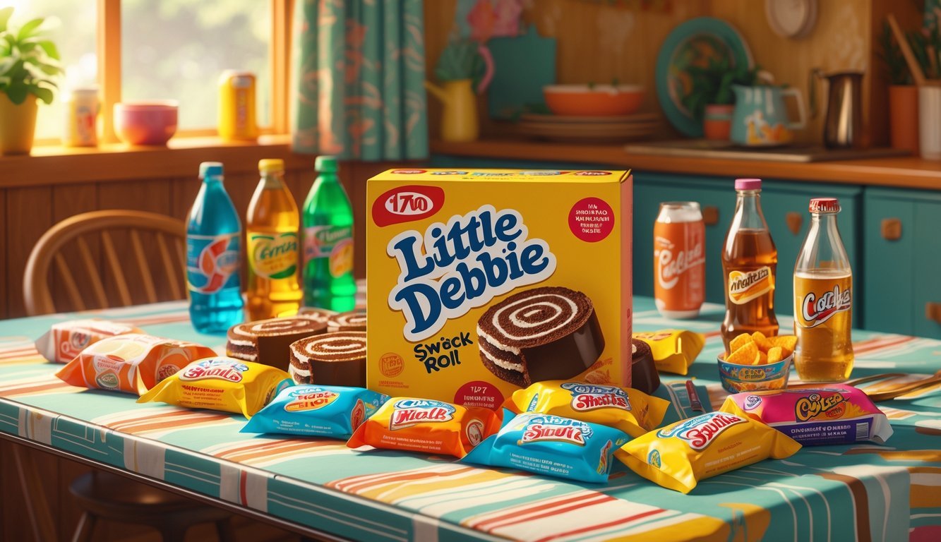 A table with a box of Little Debbie Swiss Roll snack cakes surrounded by wrapped Swiss Rolls and various 1970s snacks and drinks in a retro kitchen setting.