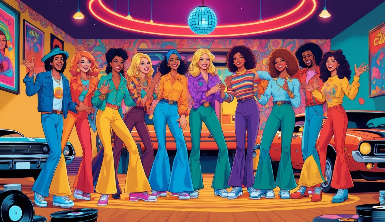 A group of young adults dressed in 1970s fashion enjoying a lively gathering in a retro room with a disco ball, lava lamps, and vintage decor.