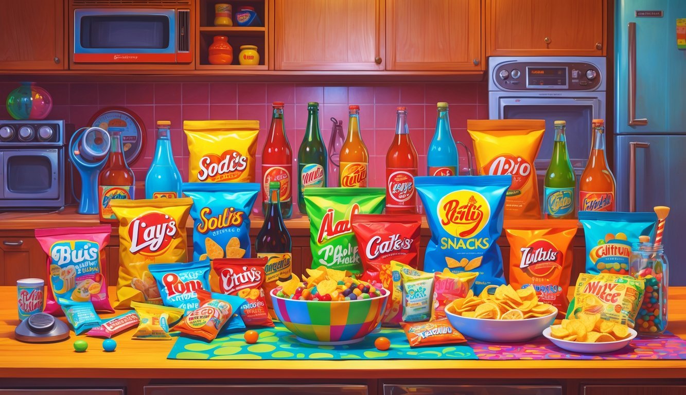 A colorful kitchen scene displaying various 1970s snacks and drinks arranged on a countertop with vintage decor in the background.