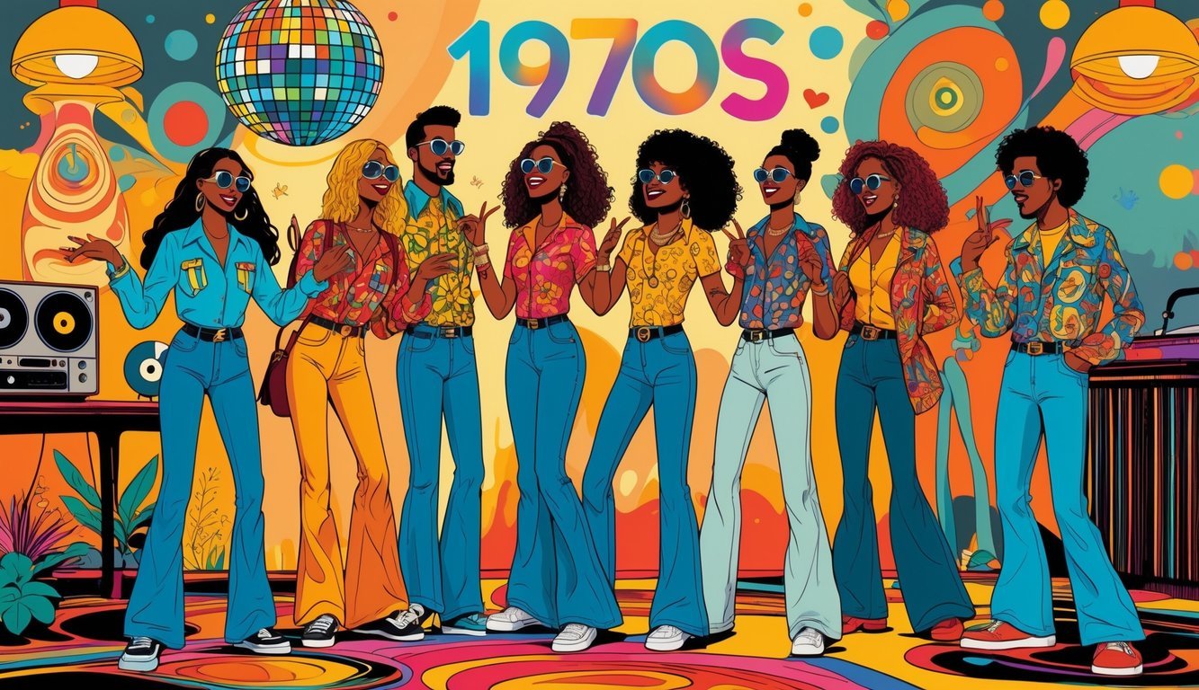 A group of young adults dressed in 1970s clothing chatting and laughing with 70s-themed decorations like a disco ball and lava lamps in the background.