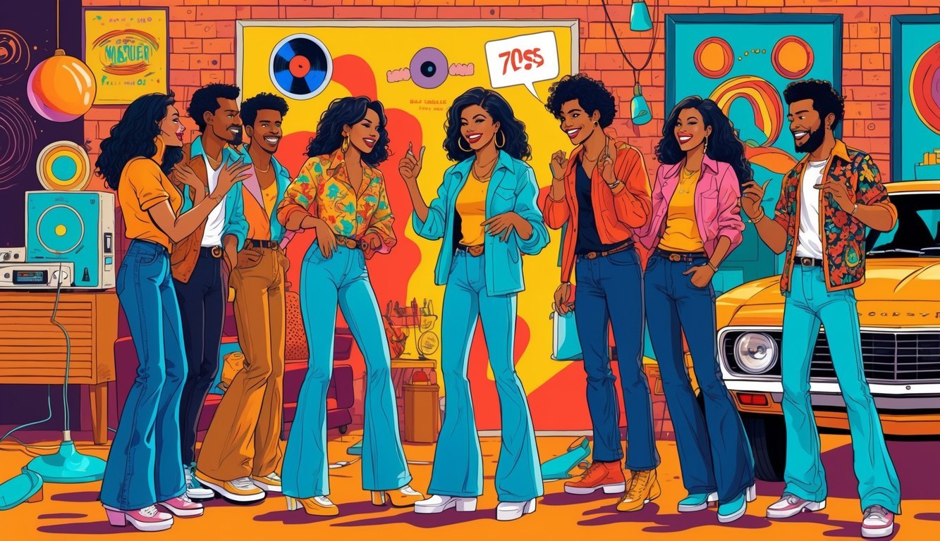 A group of young people dressed in 1970s clothing are talking and having fun in a lively street scene with vintage cars and colorful decorations.