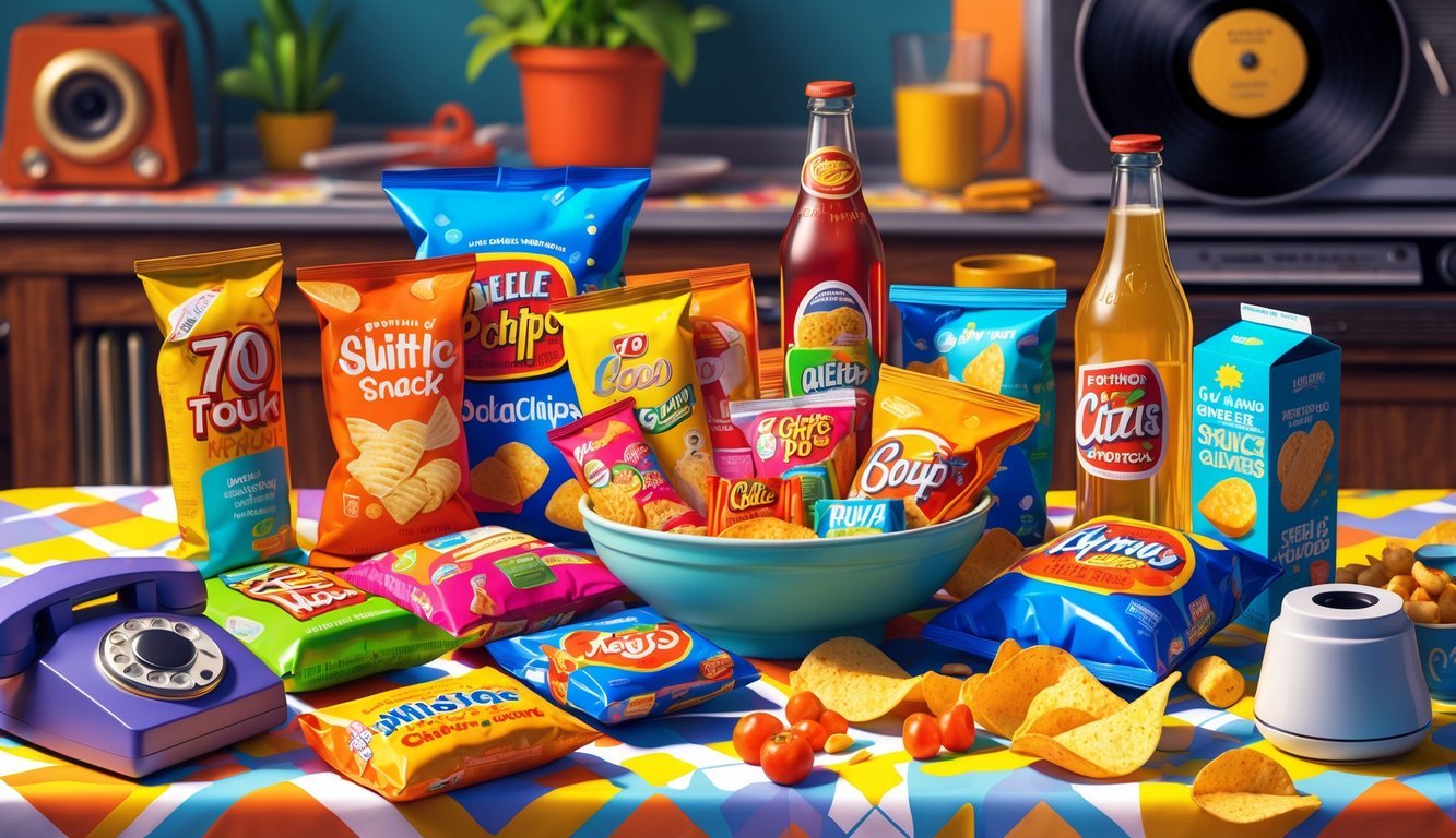 A table filled with colorful 1970s snacks and drinks, including candy wrappers, soda bottles, and chips, surrounded by retro kitchen items like a rotary phone and vinyl record player.