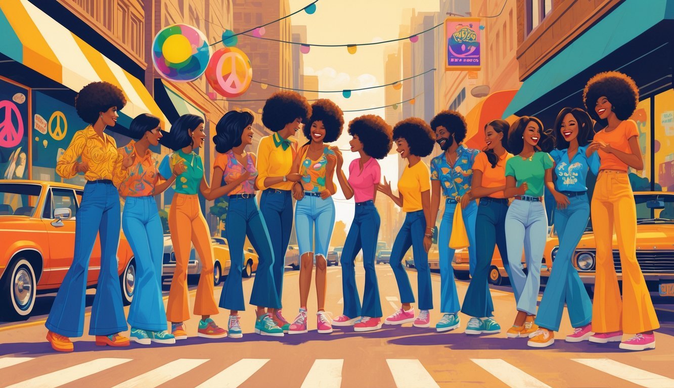 A lively group of people dressed in 1970s fashion talking and laughing together on a city street with vintage cars and disco-themed decorations.
