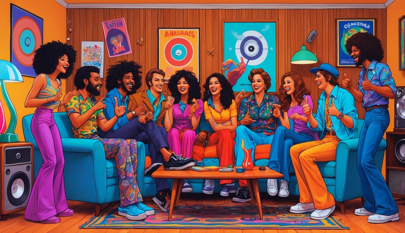 A group of young people dressed in 1970s clothing are talking and laughing together in a retro living room with vintage decor.