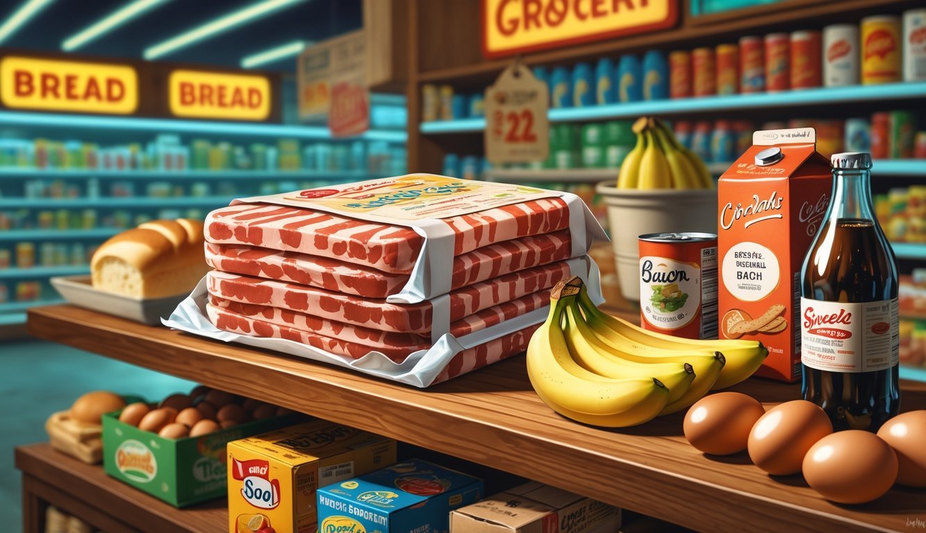 A grocery store shelf displaying a pound of bacon surrounded by seven other common 1970s grocery items, including bread, eggs, bananas, soup, soda, cereal, and potatoes.