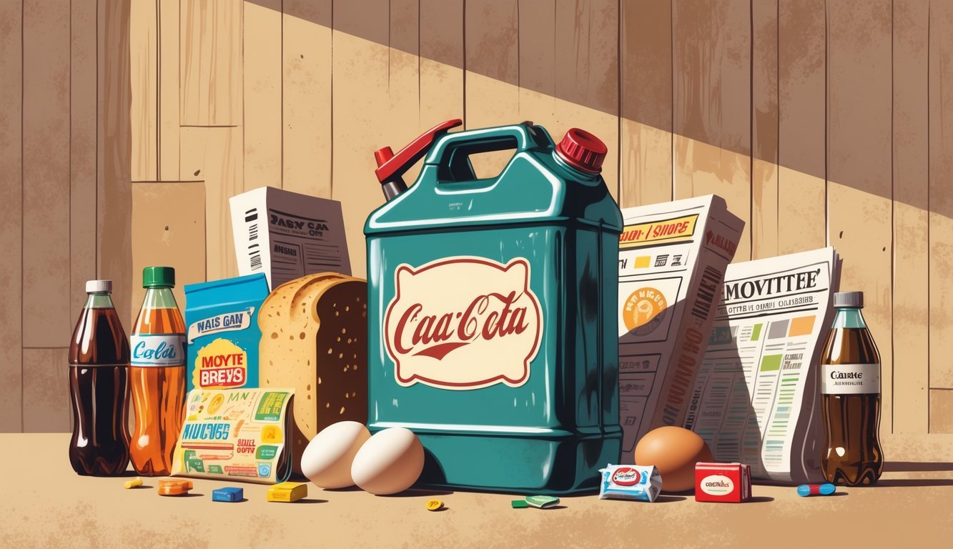 A gallon of gasoline surrounded by seven other 1970s items including a soda bottle, chewing gum, loaf of bread, carton of eggs, newspaper, movie ticket stub, and candy, all arranged together on a warm-colored background.