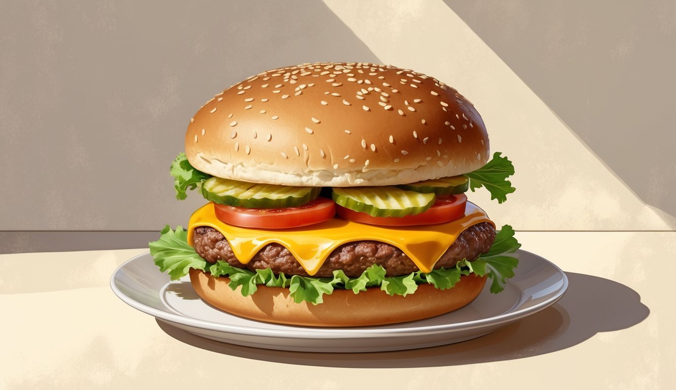 A classic cheeseburger with lettuce, tomato, pickles, cheese, and condiments on a white plate.