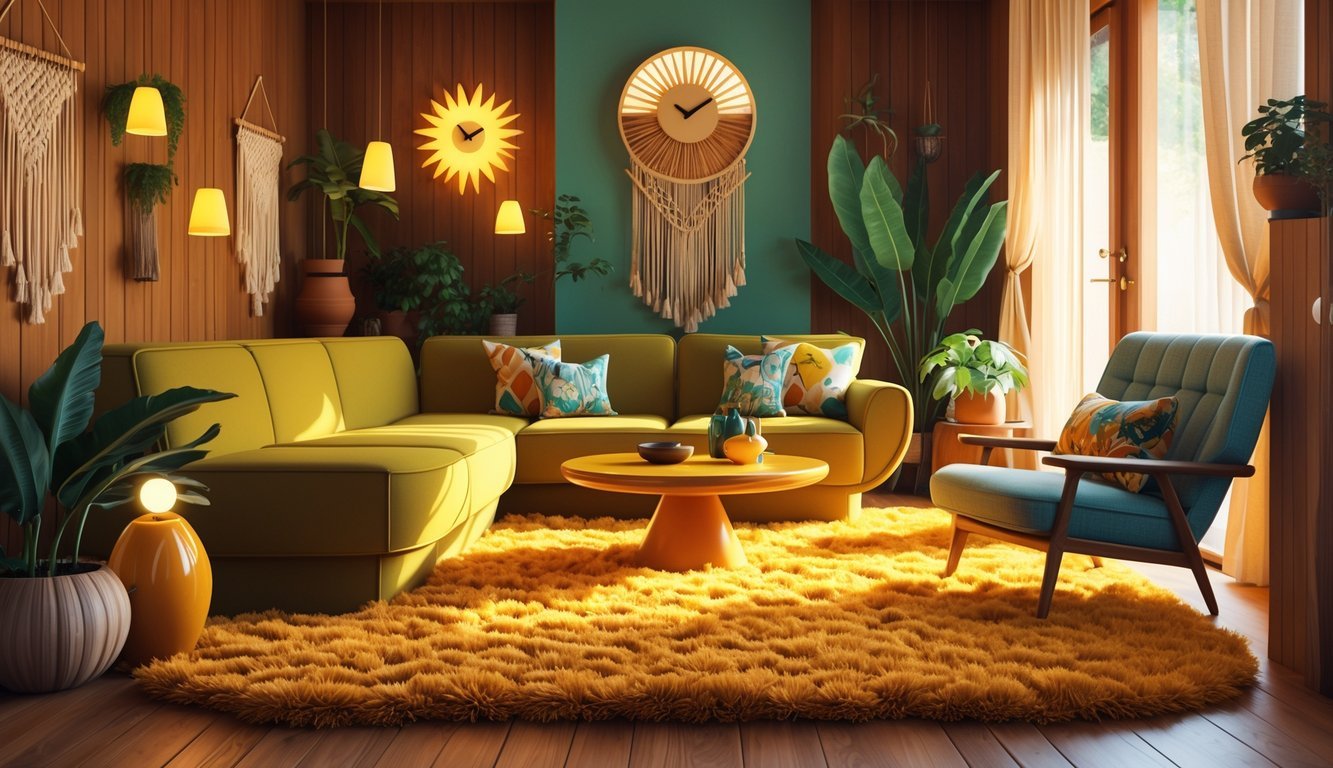 A cozy living room with thick shag carpet, retro furniture including a green sofa and wooden coffee table, lava lamps, macramé wall hangings, and houseplants.