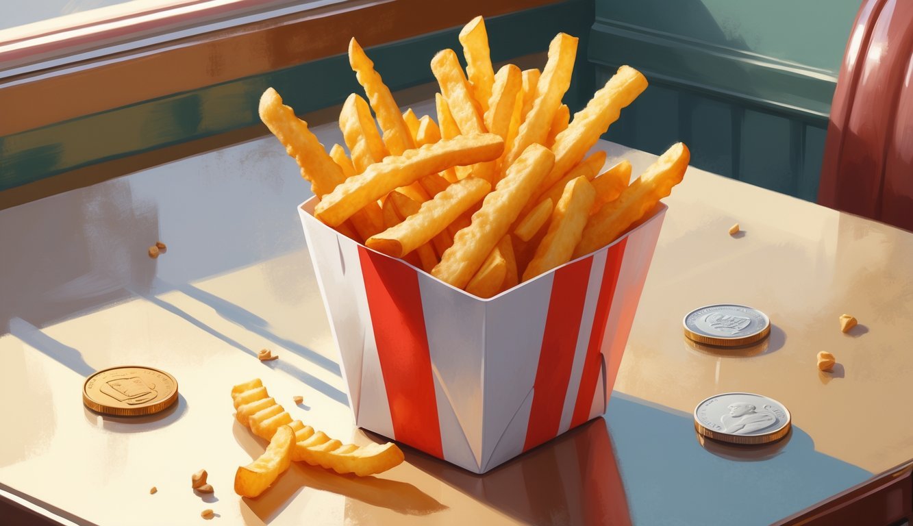 A small order of French fries in a red and white paper container on a wooden table with 1970s retro diner elements around.