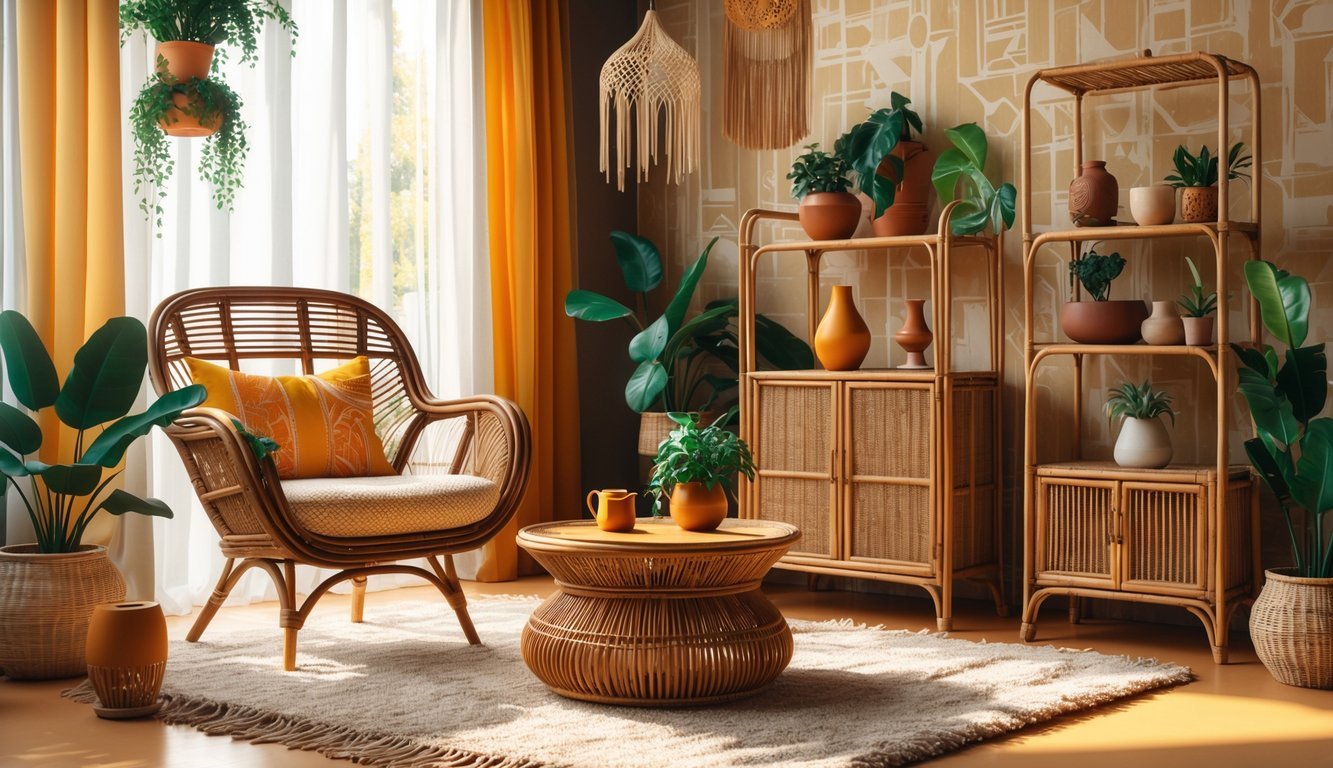 A cozy room with rattan and wicker furniture, plants, and vintage decor reflecting 1970s style.