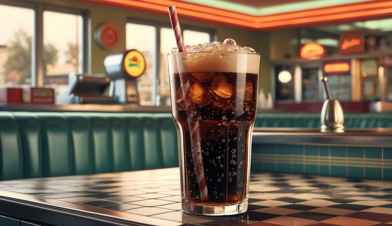 A glass of soda with a straw on a retro diner counter, with a 1970s diner interior in the background.