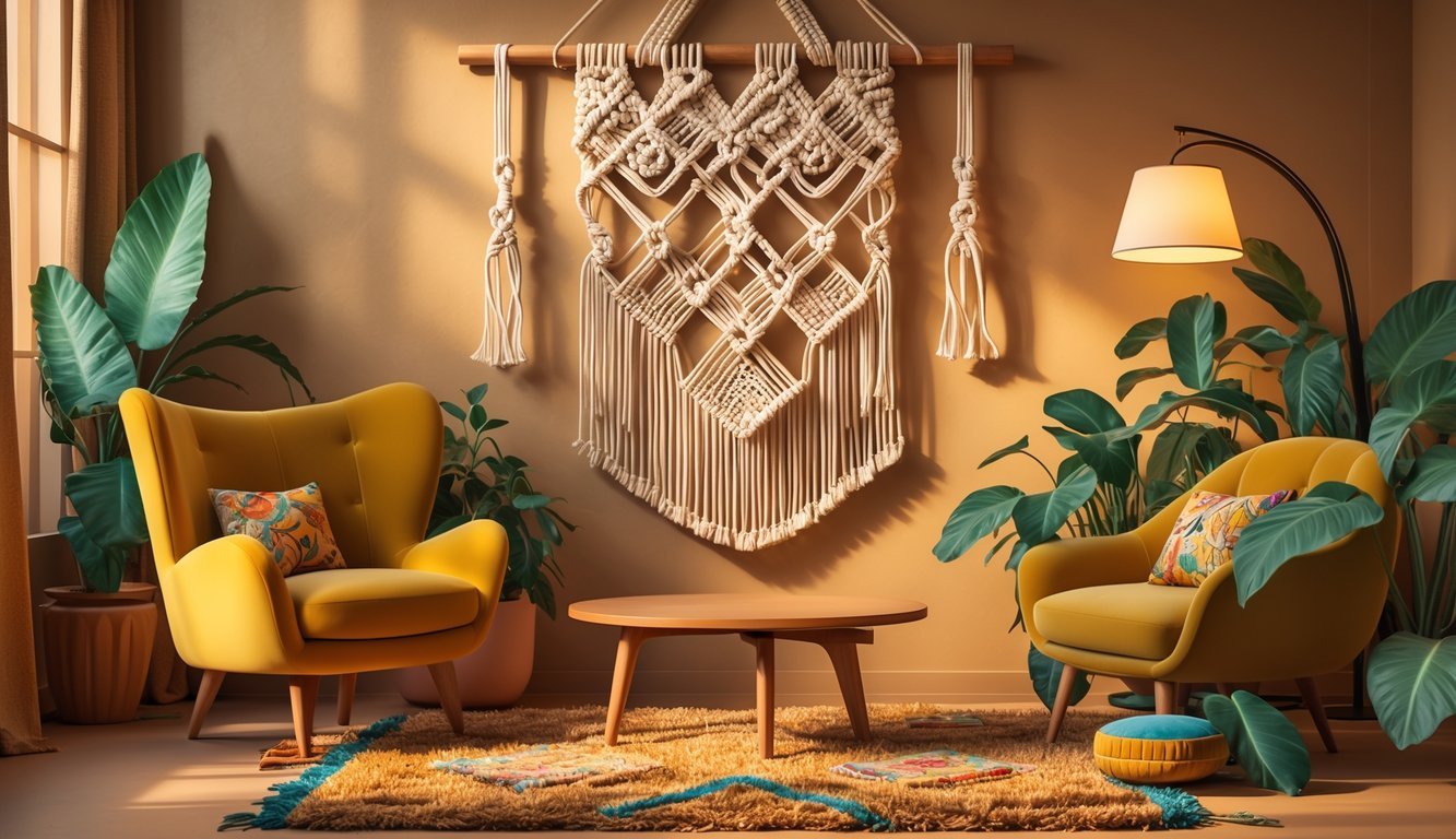 A cozy room with a large macramé wall hanging, a mustard-yellow armchair, a wooden coffee table, a floor lamp, patterned cushions, a shaggy rug, and potted plants.
