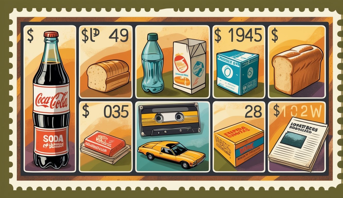 A first-class postage stamp showing eight everyday items from the 1970s that cost less than a dollar, including a soda bottle, gum, bread, comic book, candy bar, movie cassette, toy car, and newspaper.