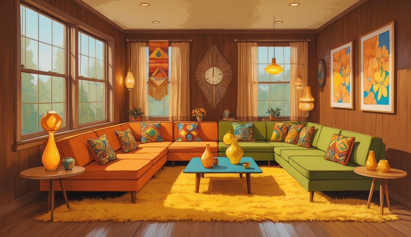 A sunken living room with earth-toned sofas, patterned pillows, a shag carpet, wooden coffee tables, vintage decor, and warm lighting.